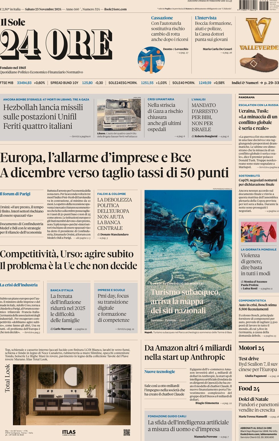 Prima Pagina Il Sole 24 Ore 23/11/2024