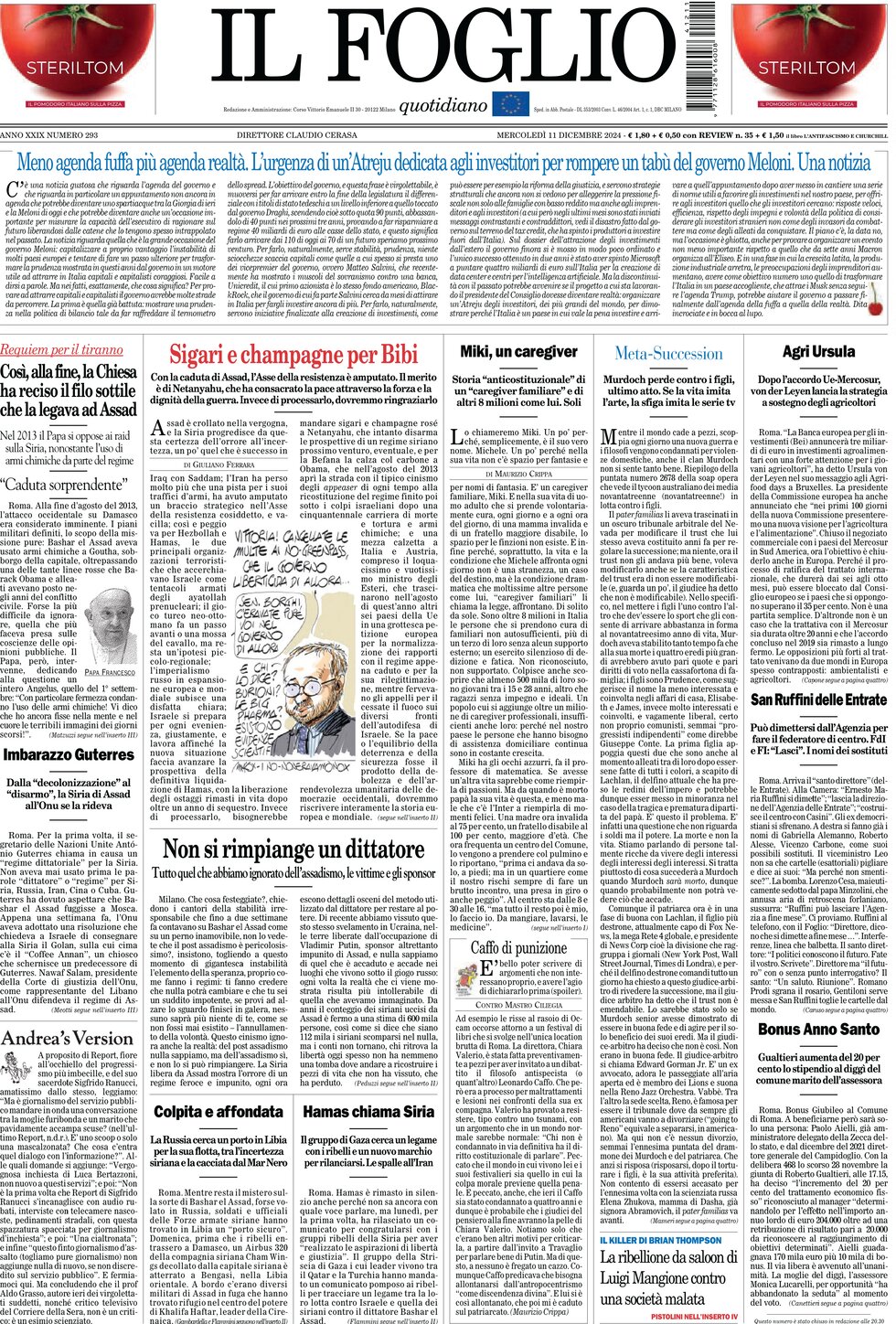 Prima Pagina Il Foglio 11/12/2024