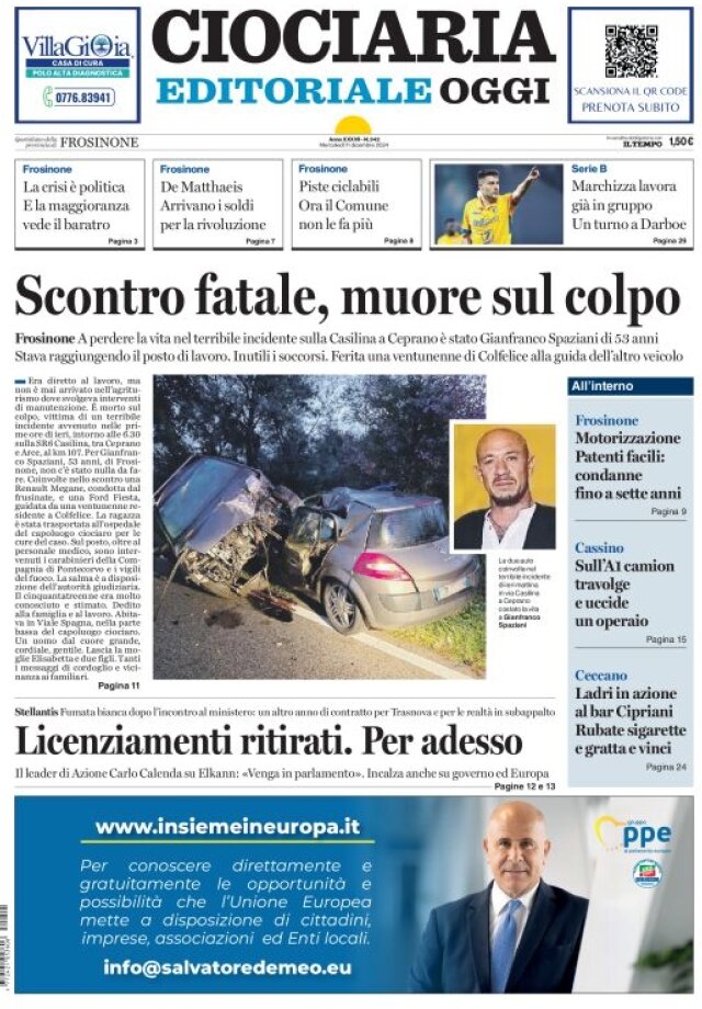 Prima Pagina Ciociaria Editoriale Oggi 11/12/2024