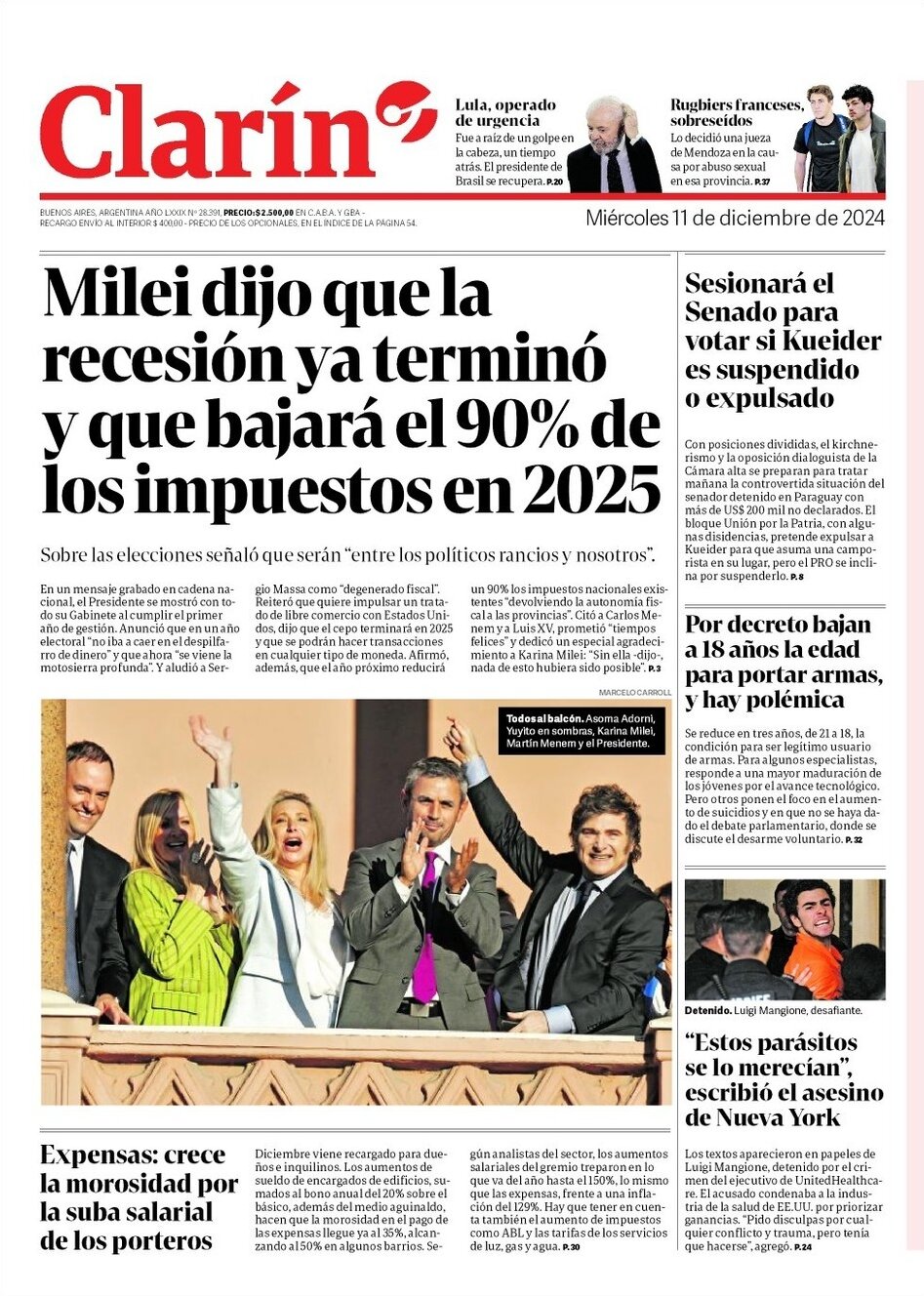 Prima Pagina Clarín 11/12/2024