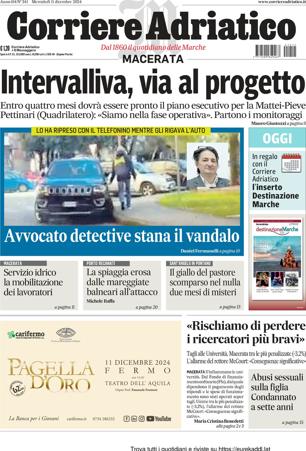 Prima Pagina Corriere Adriatico (Macerata) 11/12/2024