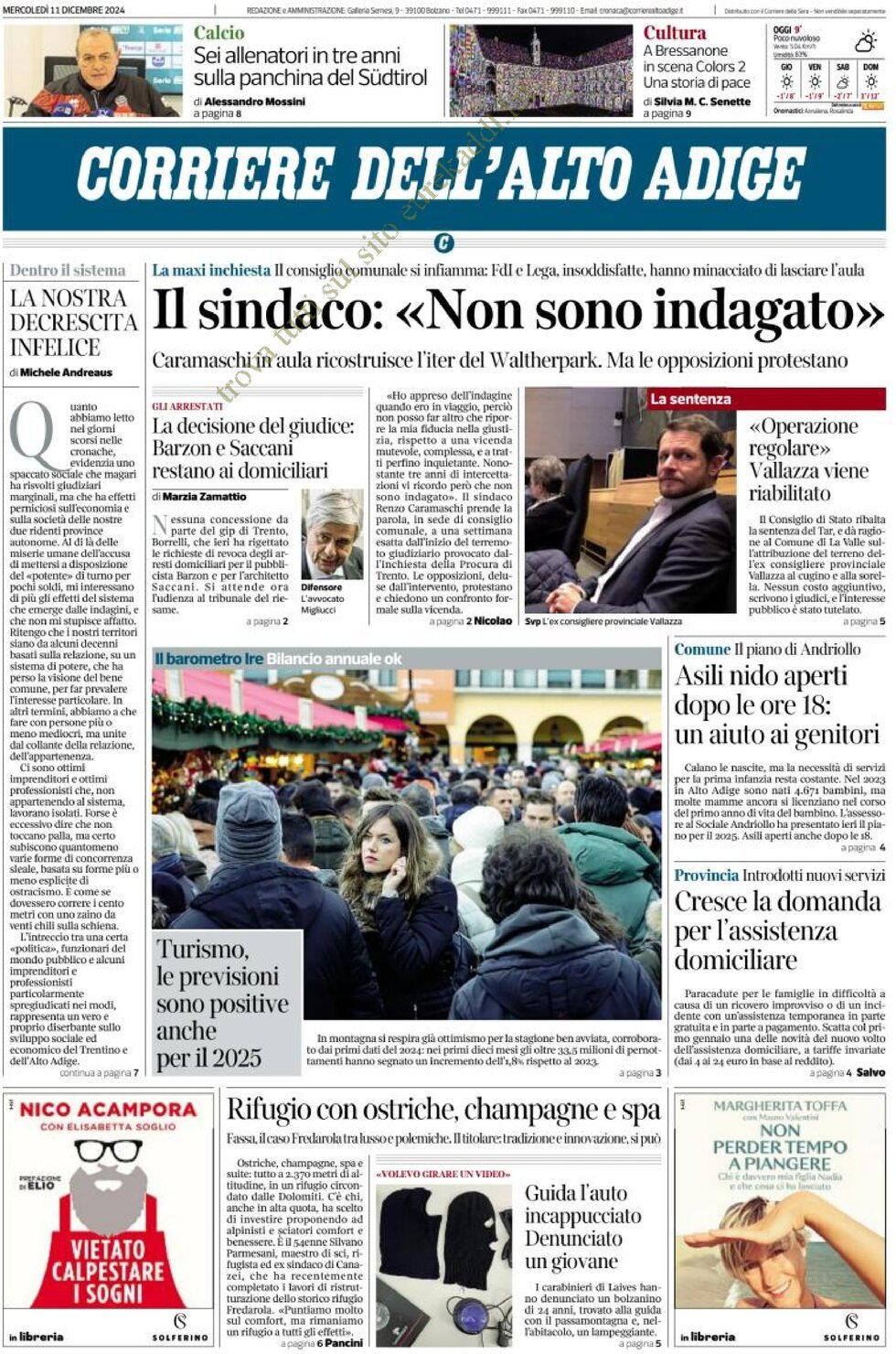 Prima Pagina Corriere dell'Alto Adige 11/12/2024