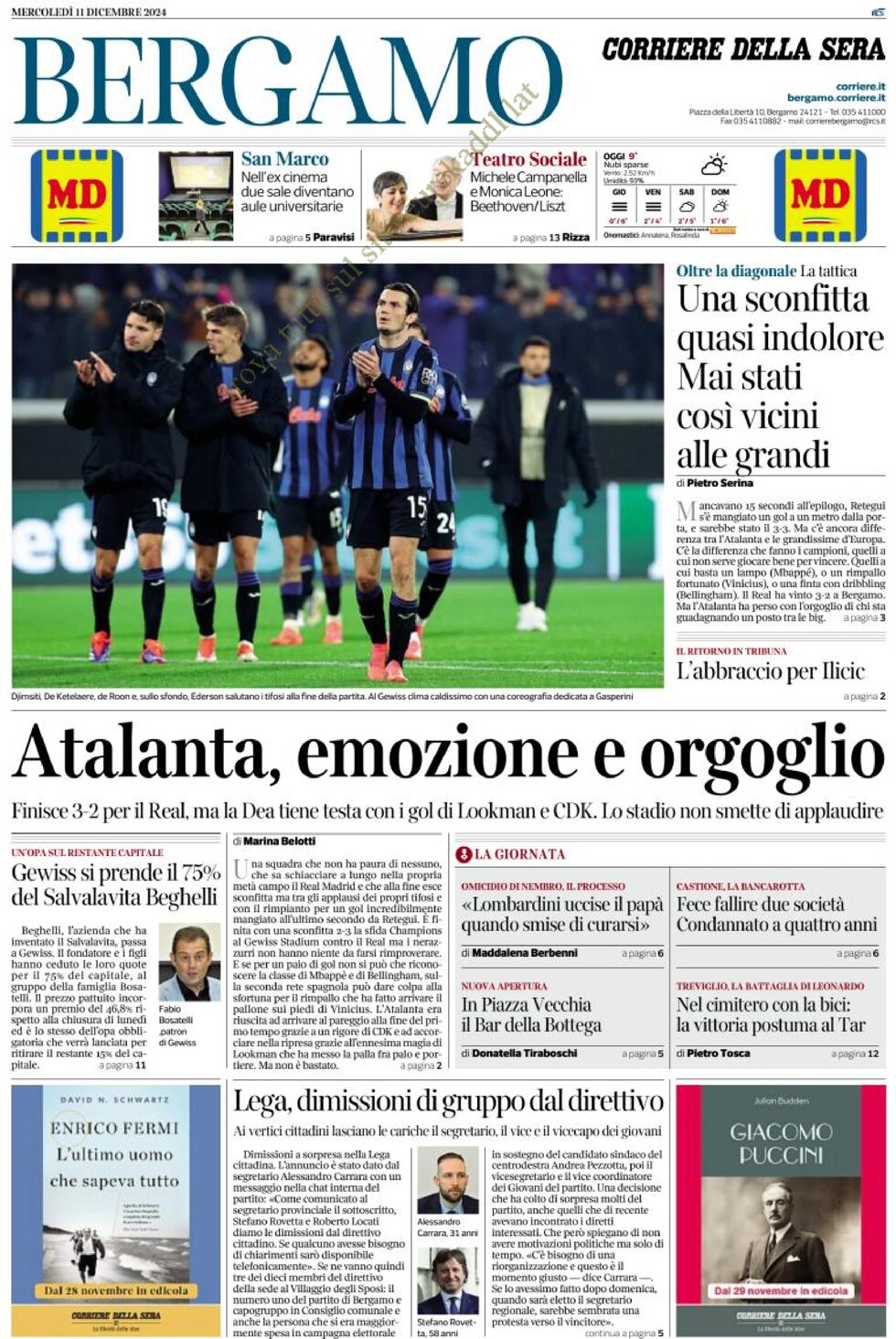 Prima Pagina Corriere della Sera (Bergamo) 11/12/2024