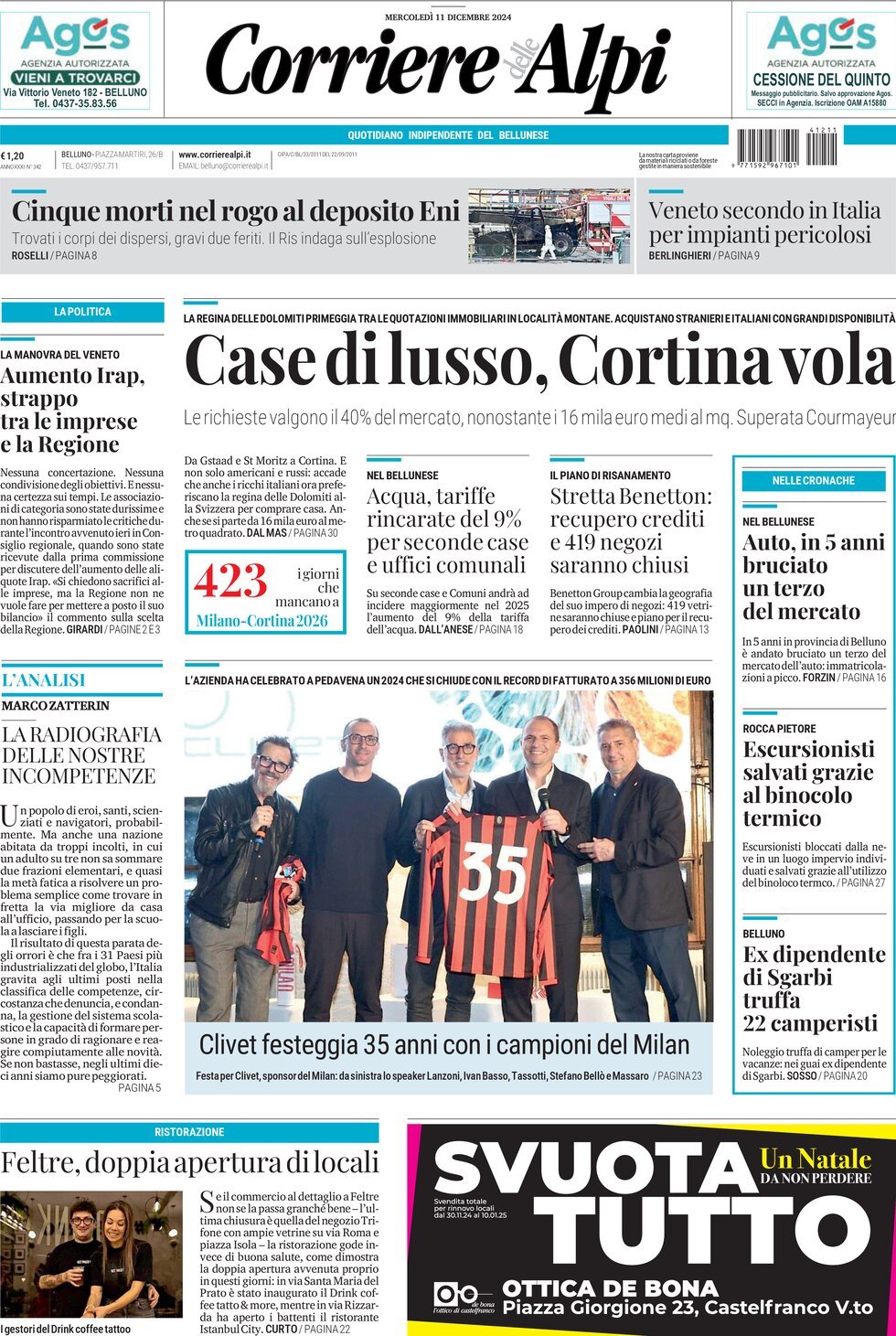 Prima Pagina Corriere delle Alpi (Belluno) 11/12/2024