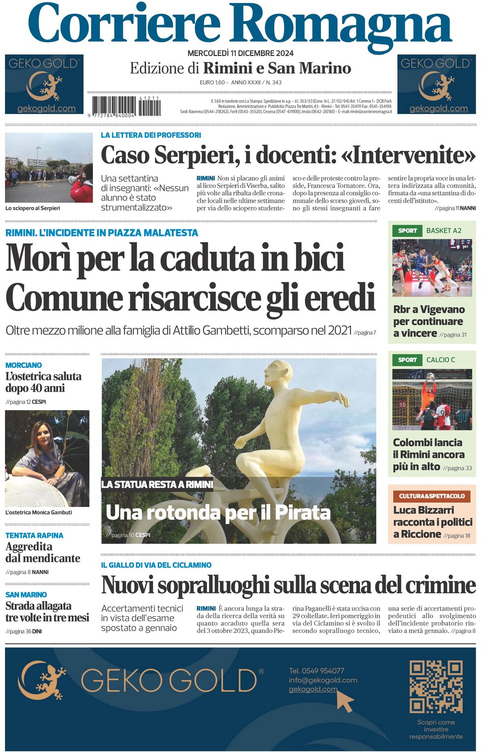 Prima Pagina Corriere Romagna (Rimini e San Marino) 11/12/2024