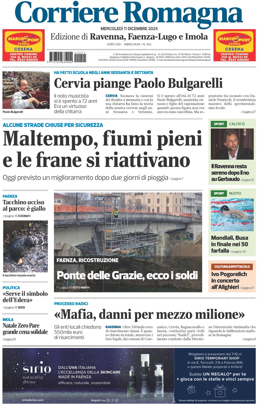 Prima Pagina Corriere Romagna (Ravenna e Imola) 11/12/2024