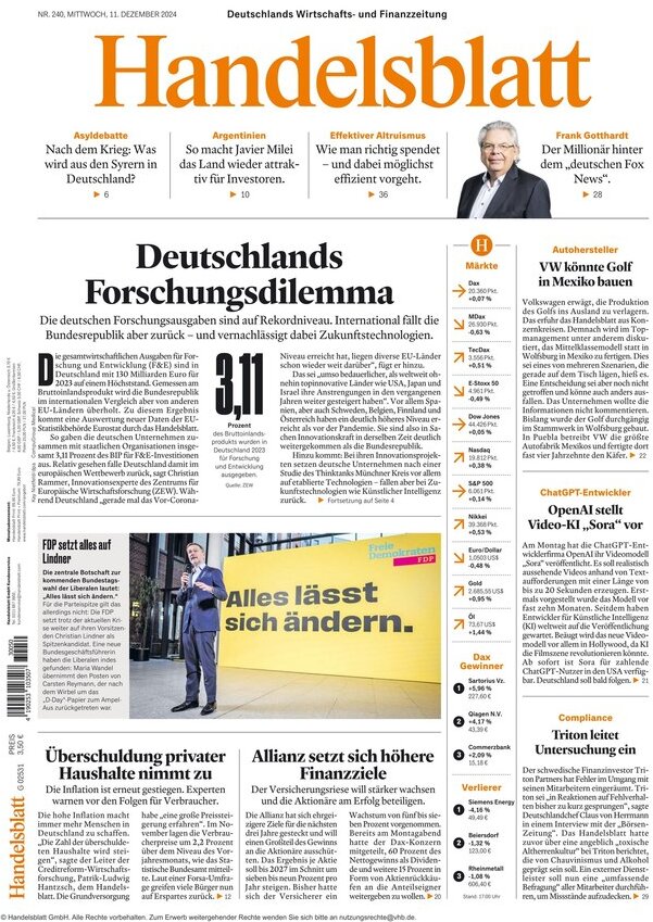 Prima Pagina Handelsblatt 11/12/2024