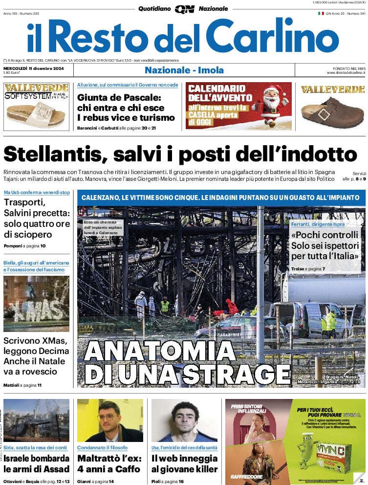 Prima Pagina Il Resto del Carlino 11/12/2024