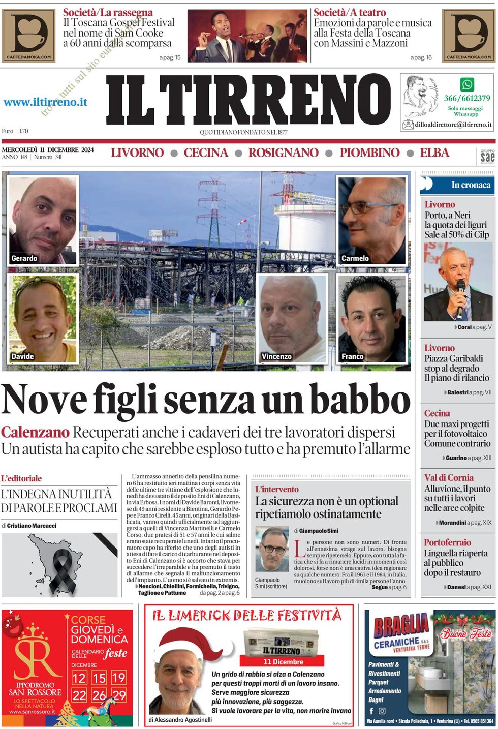 Prima Pagina Il Tirreno (Livorno, Cecina, Rosignano, Piombino, Elba) 11/12/2024