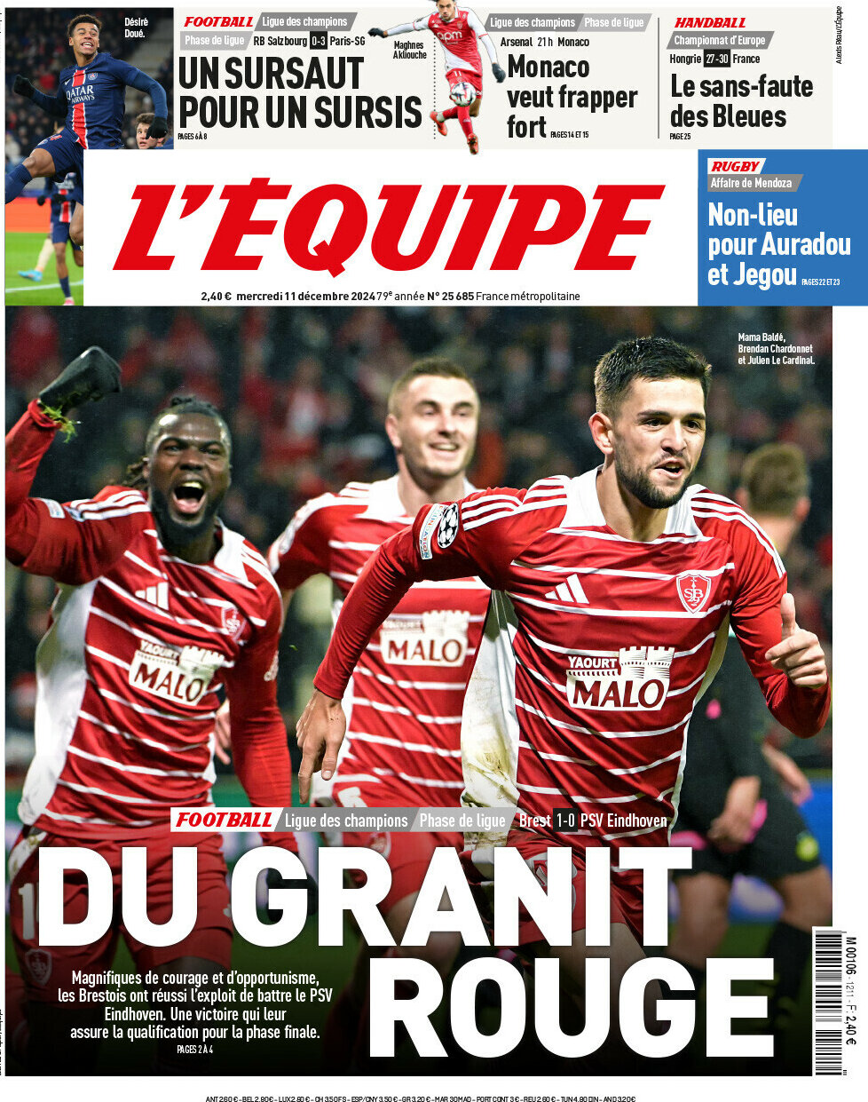 Prima Pagina L'Equipe 11/12/2024