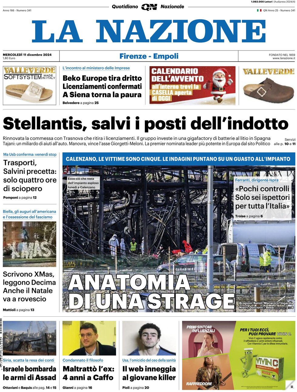 Prima Pagina La Nazione 11/12/2024