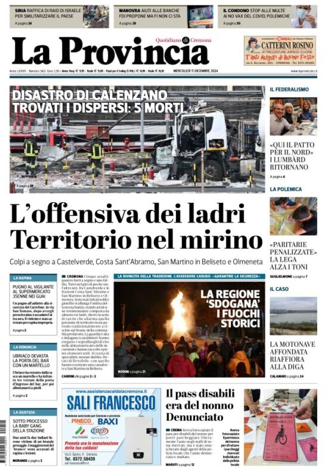 Prima Pagina La Provincia di Cremona 11/12/2024