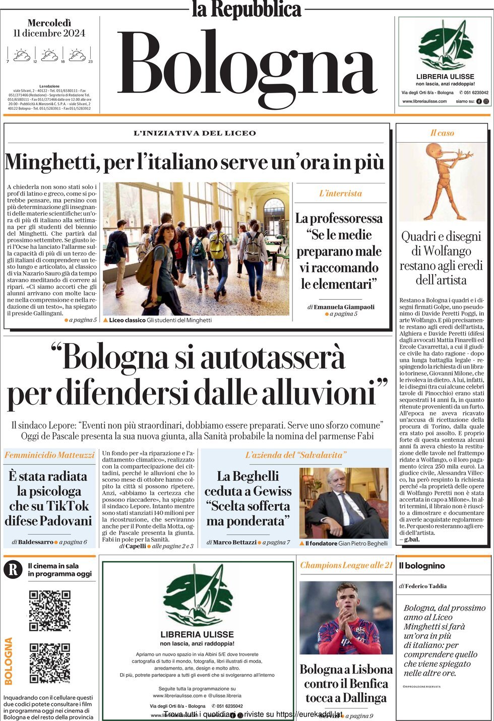 Prima Pagina La Repubblica (Bologna) 11/12/2024