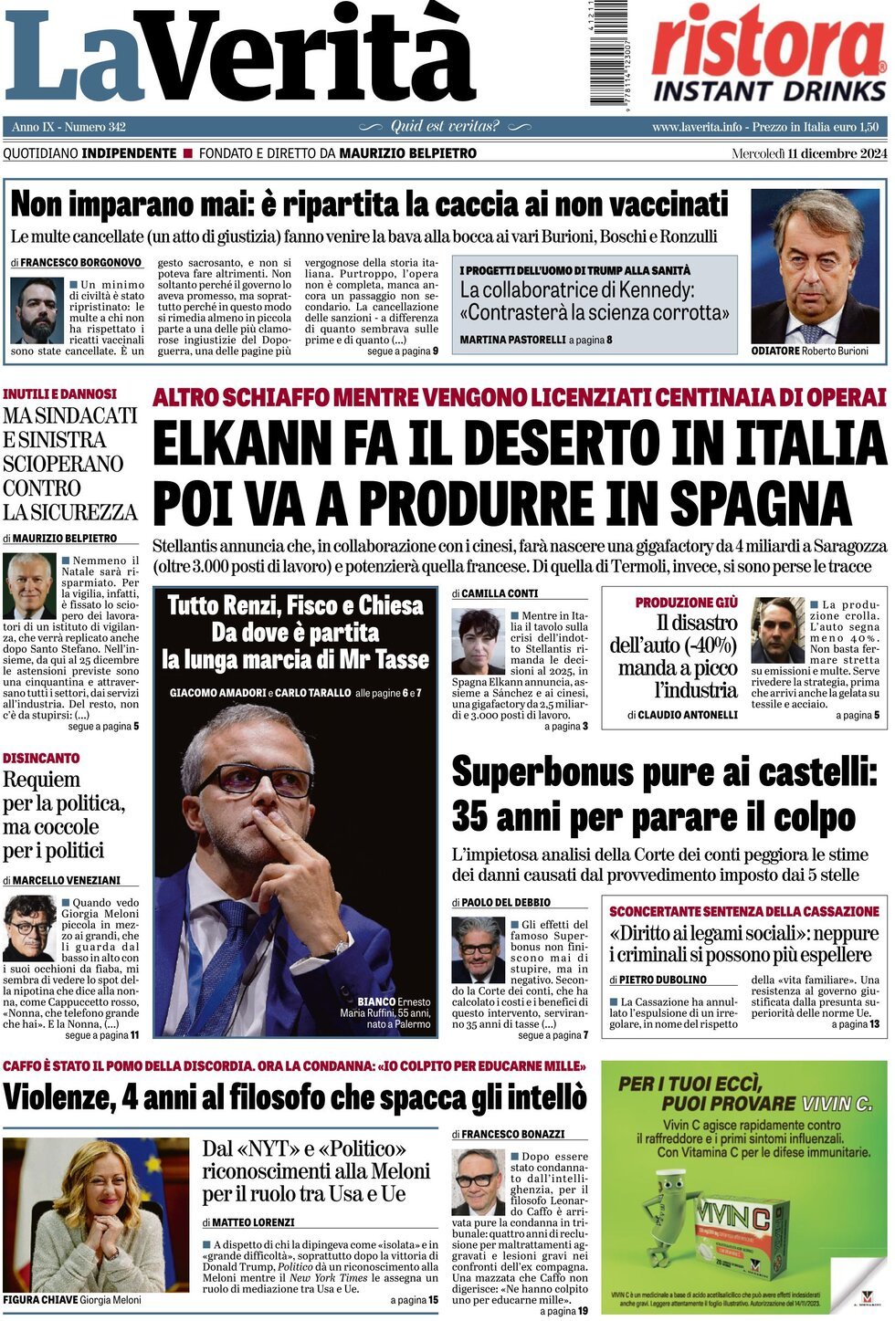 Prima Pagina La Verità 11/12/2024