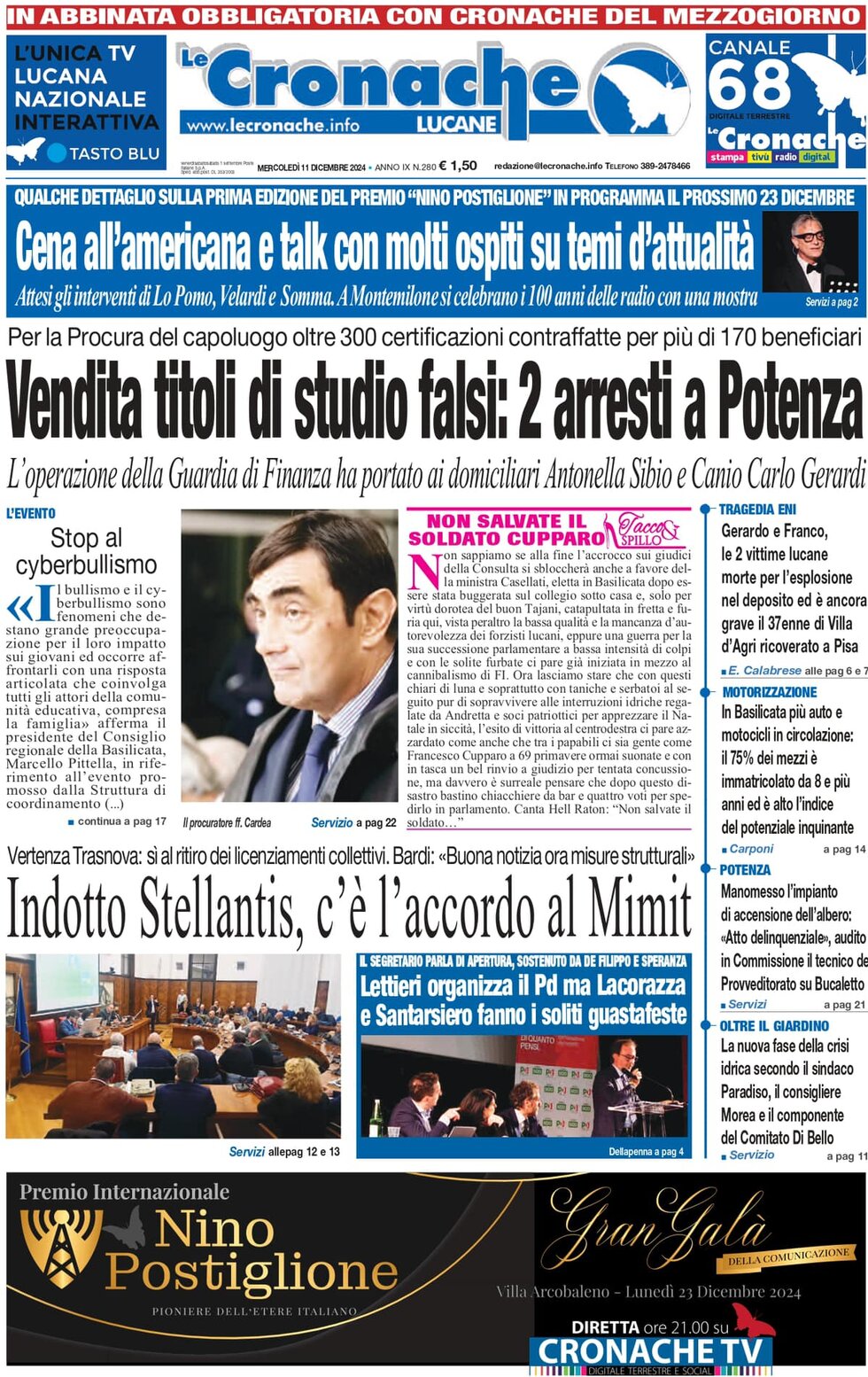 Prima Pagina Le Cronache Lucane 11/12/2024