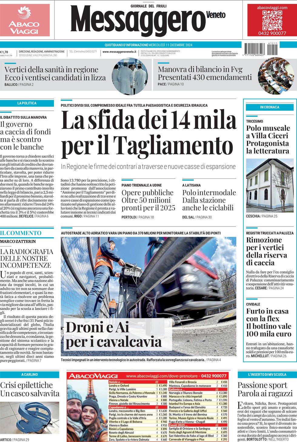 Prima Pagina Messaggero Veneto (Udine) 11/12/2024