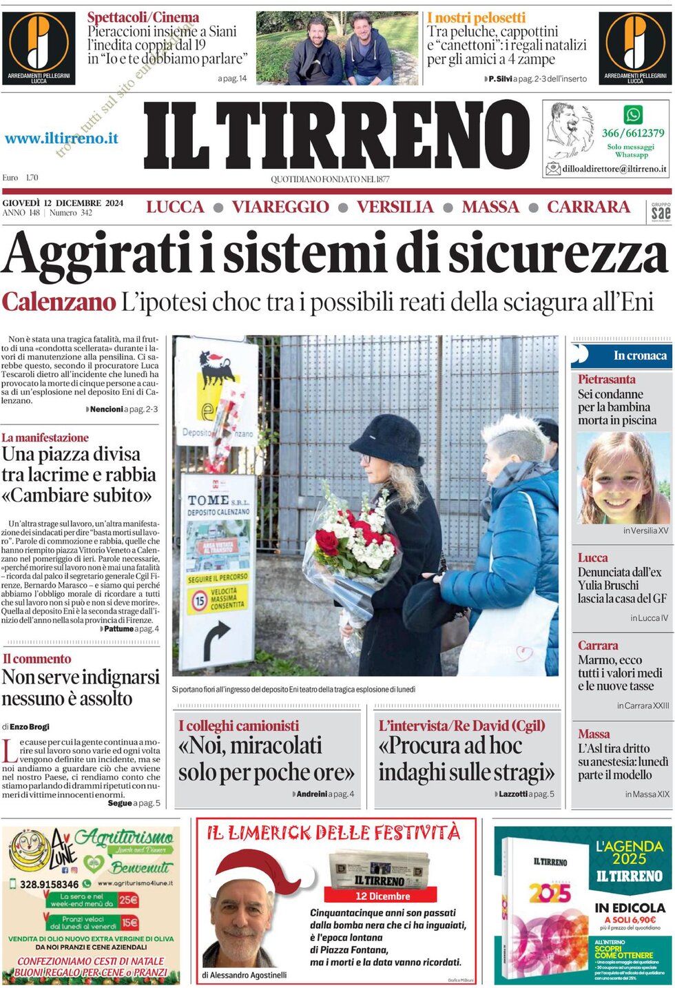 Prima Pagina Il Tirreno (Lucca, Viareggio, Versilia, Massa, Carrara) 12/12/2024