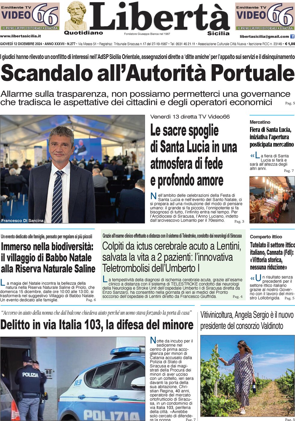 Prima Pagina Libertà Sicilia 12/12/2024