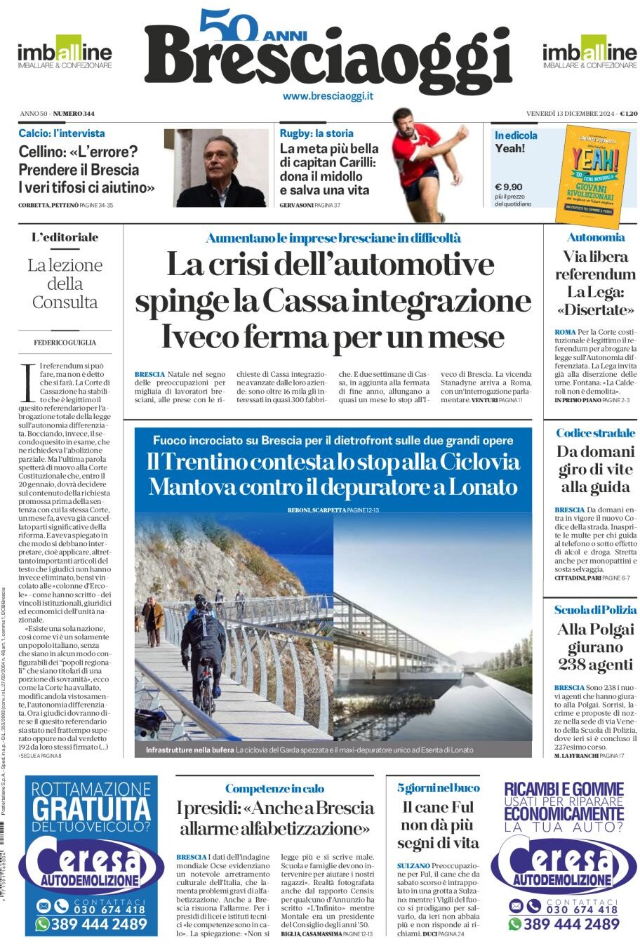 Prima Pagina Brescia Oggi 13/12/2024