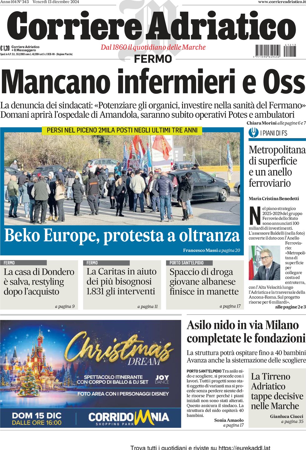 Prima Pagina Corriere Adriatico (Fermo) 13/12/2024