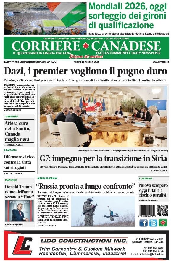 Prima Pagina Corriere Canadese 13/12/2024