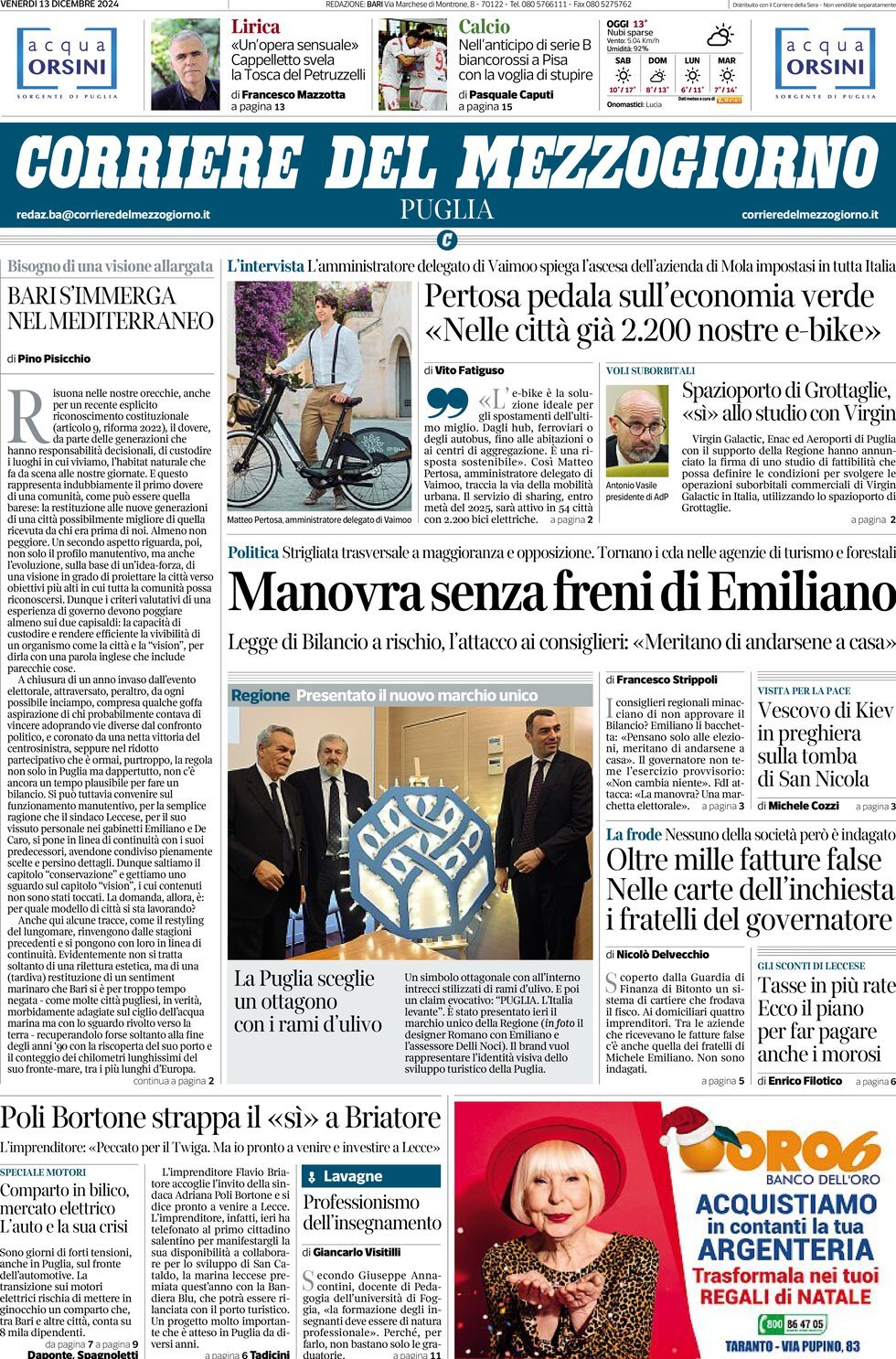 Prima Pagina Corriere del Mezzogiorno (Puglia) 13/12/2024