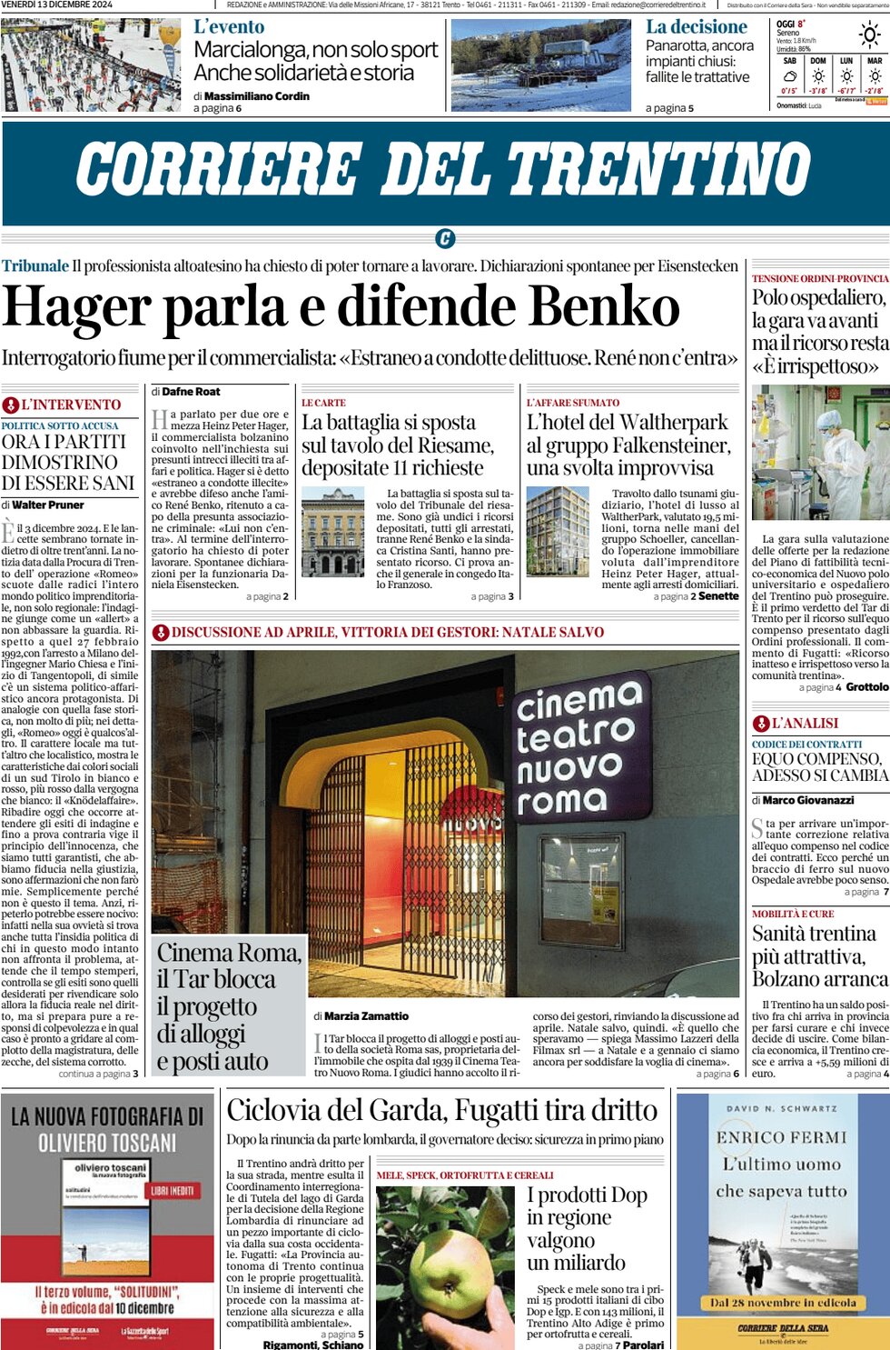 Prima Pagina Corriere del Trentino 13/12/2024