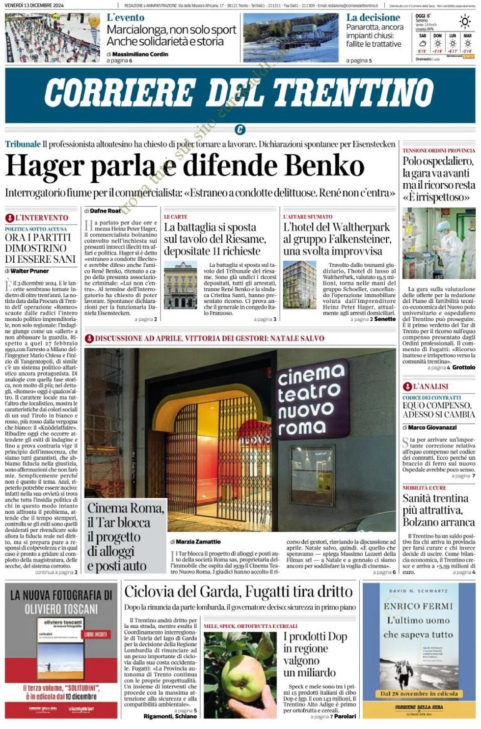 Prima Pagina Corriere del Trentino 13/12/2024