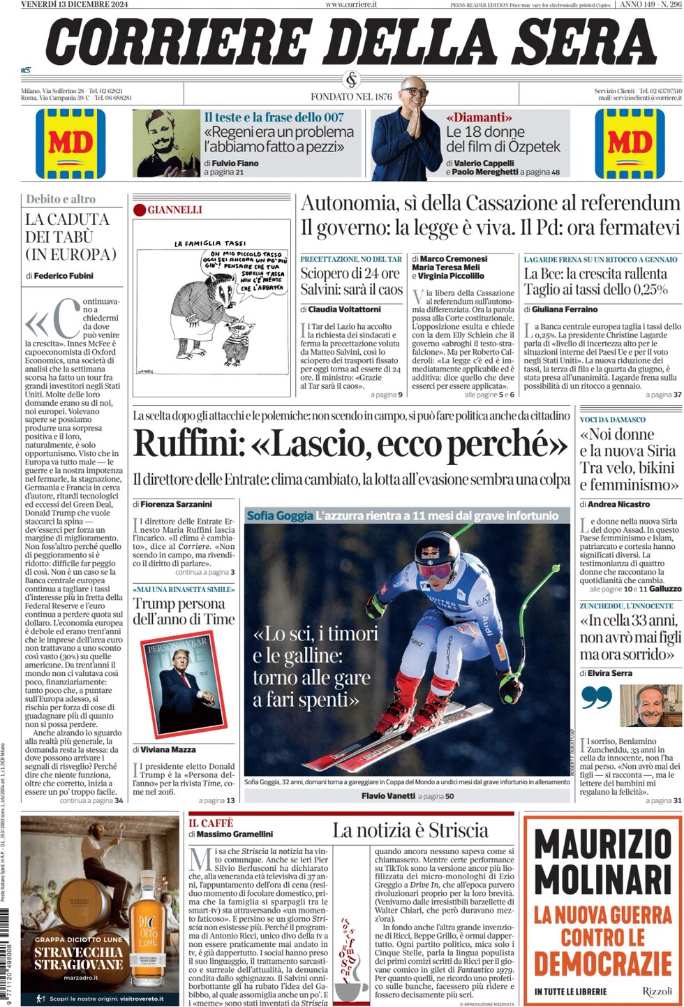 Prima Pagina Corriere della Sera 13/12/2024