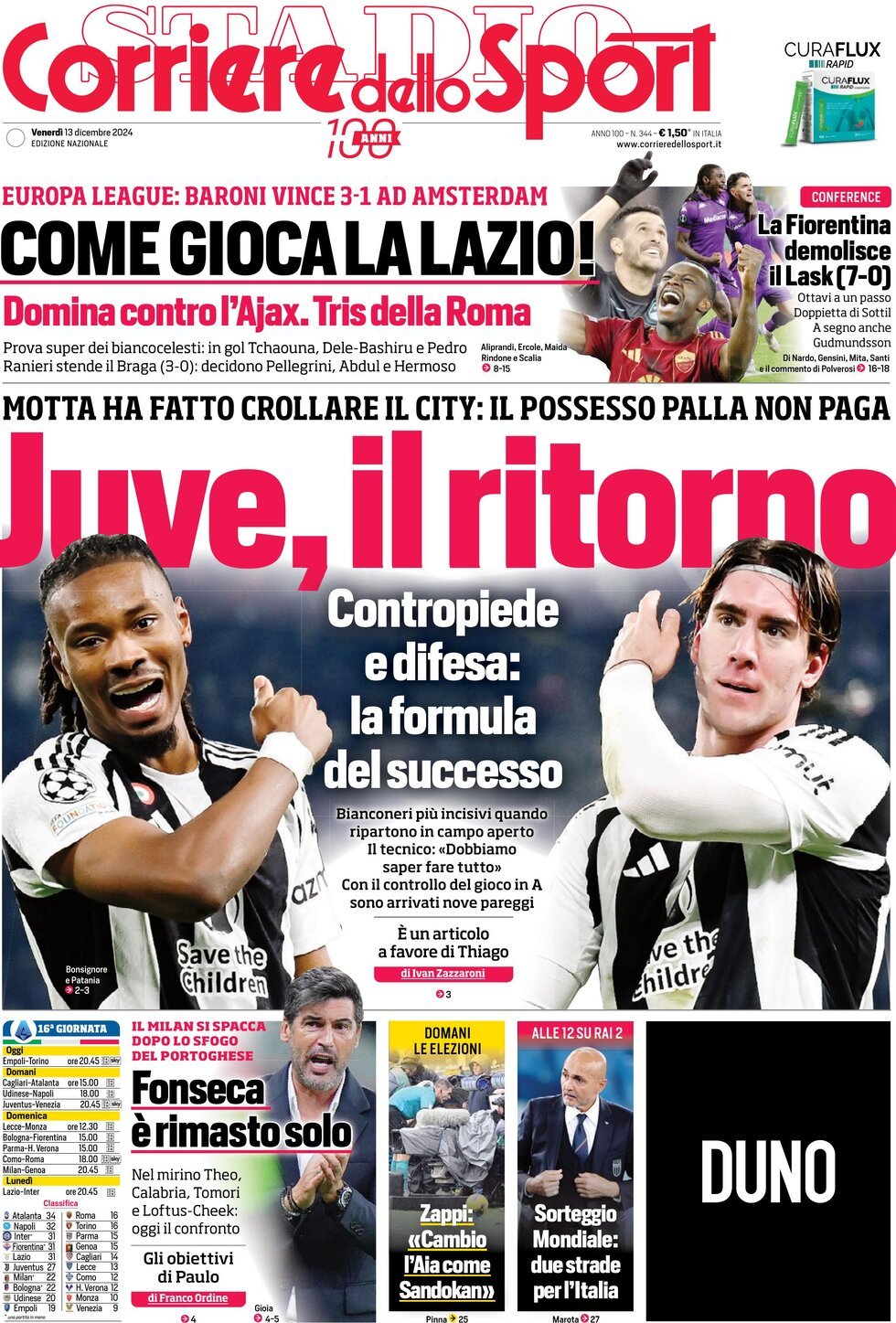 Prima Pagina Corriere dello Sport 13/12/2024