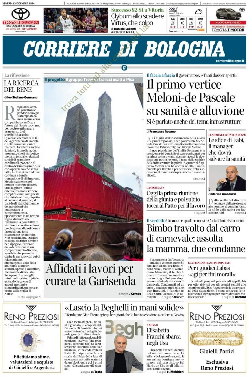 Prima Pagina Corriere di Bologna 13/12/2024