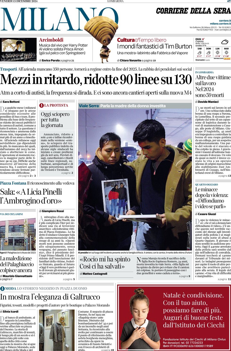 Prima Pagina Corriere della Sera (Milano) 13/12/2024