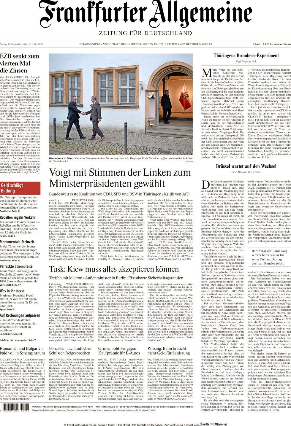 Prima Pagina Frankfurter Allgemeine Zeitung 13/12/2024