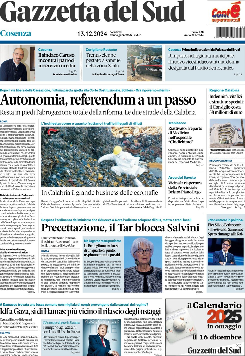 Prima Pagina Gazzetta del Sud (Cosenza) 13/12/2024