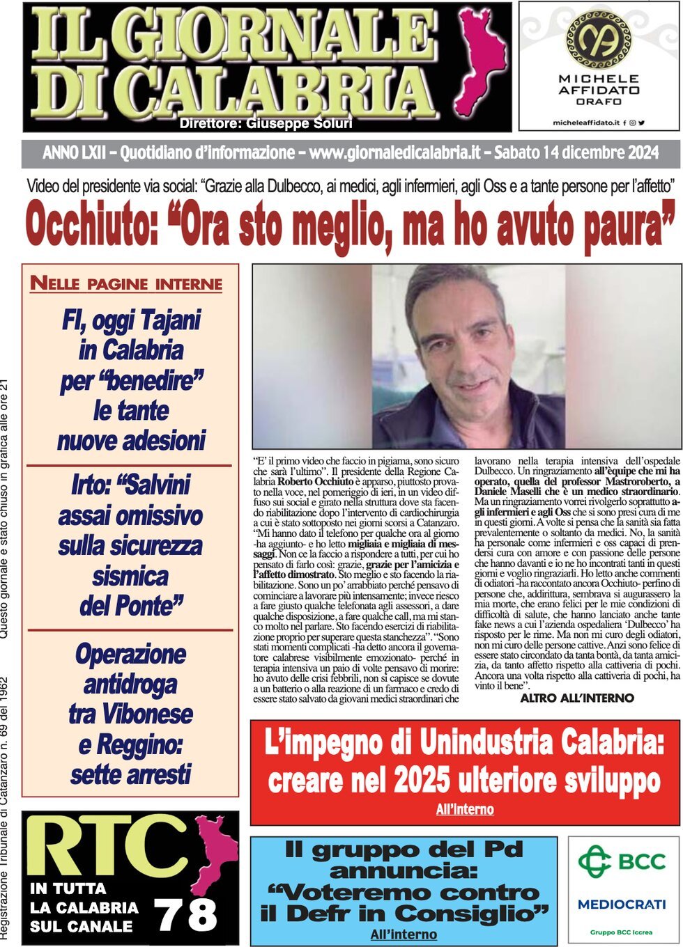 Prima Pagina Il Giornale di Calabria 14/12/2024