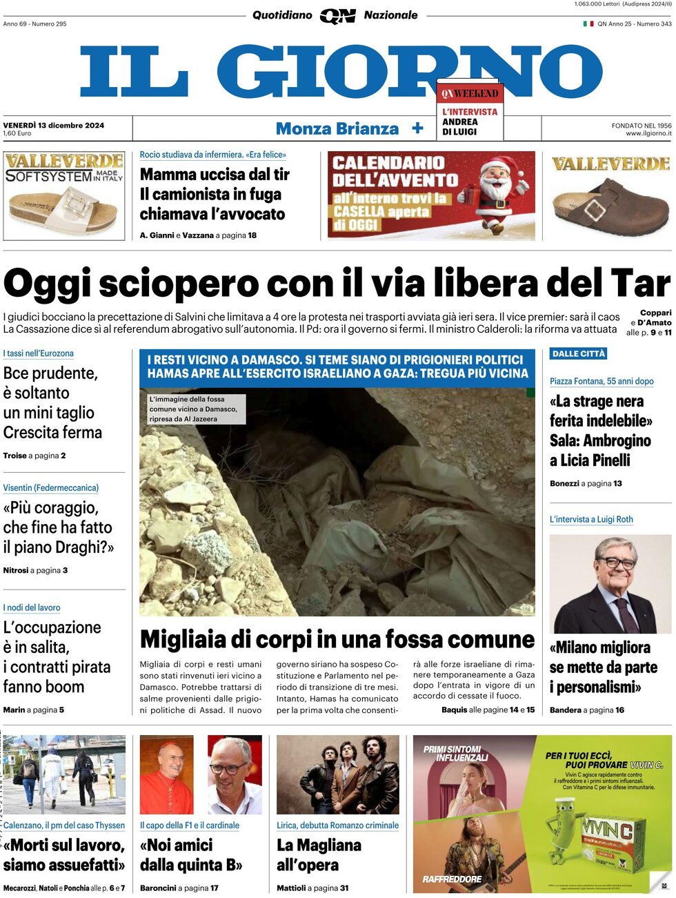 Prima Pagina Il Giorno (Monza Brianza) 13/12/2024