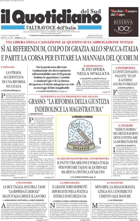 Prima Pagina Il Quotidiano del Sud L'Altravoce 13/12/2024