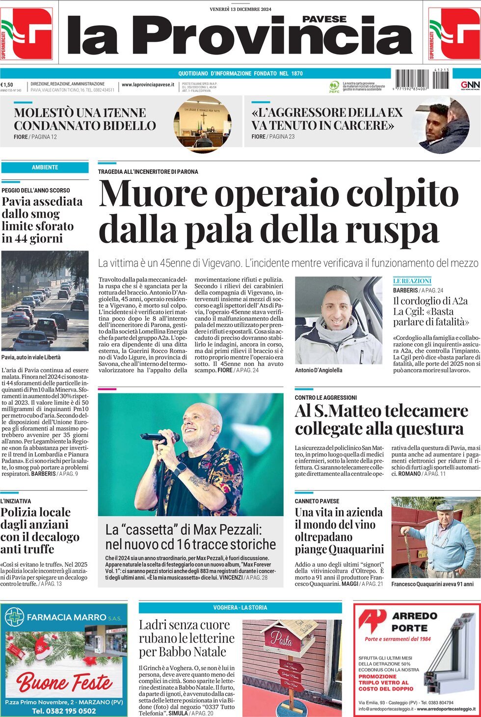 Prima Pagina La Provincia Pavese 13/12/2024