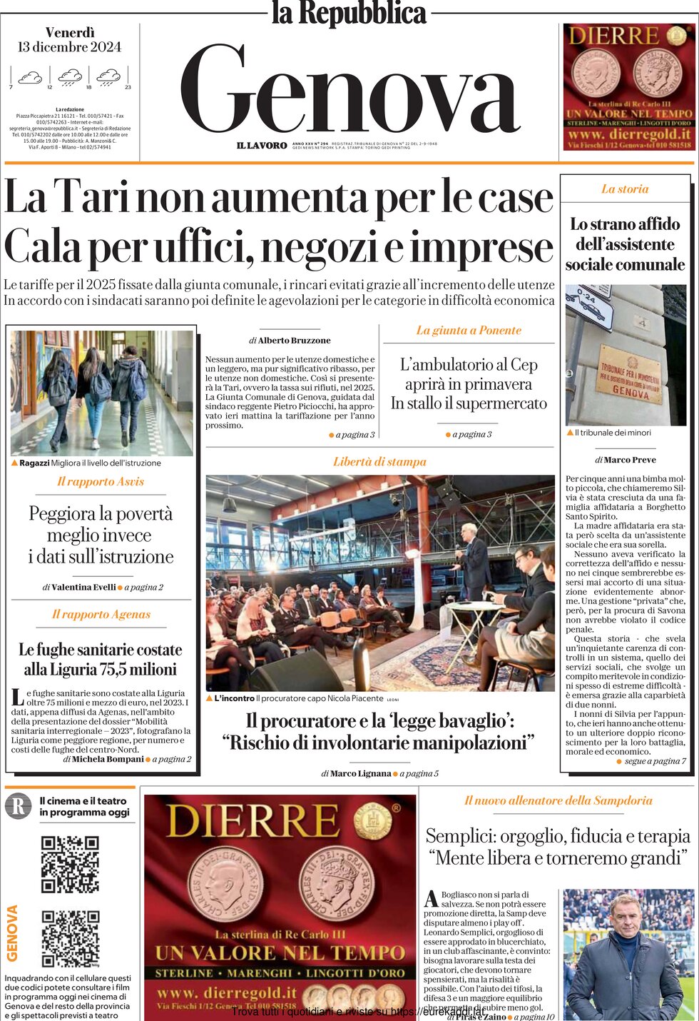 Prima Pagina La Repubblica (Genova) 13/12/2024