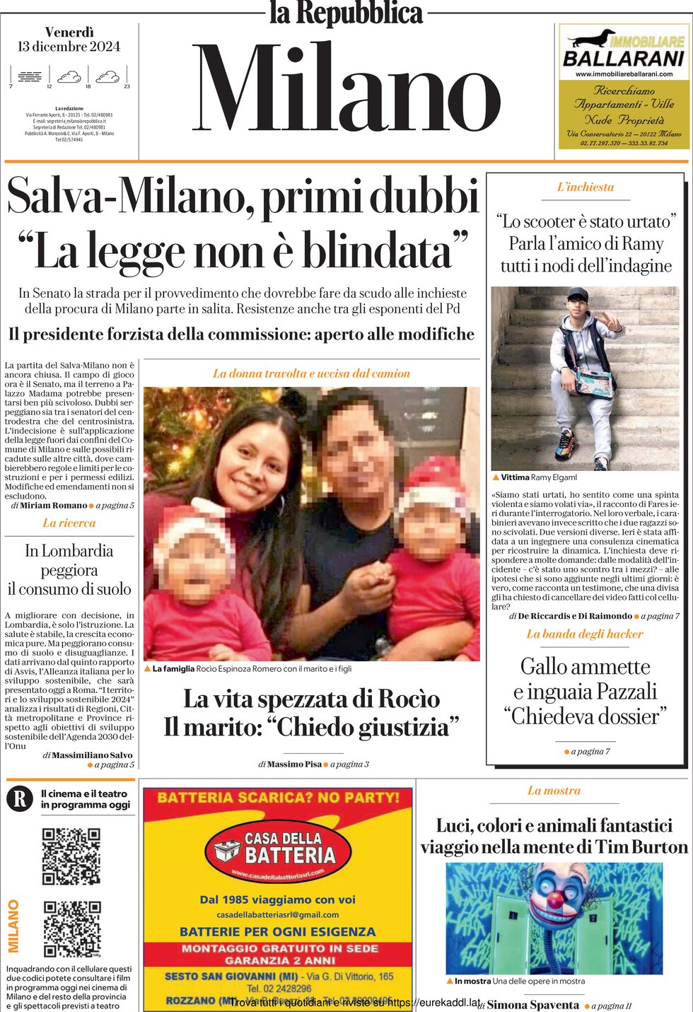 Prima Pagina La Repubblica (Milano) 13/12/2024