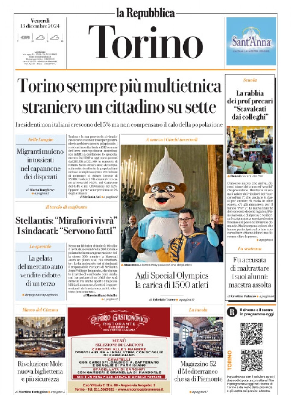 Prima Pagina La Repubblica (Torino) 13/12/2024