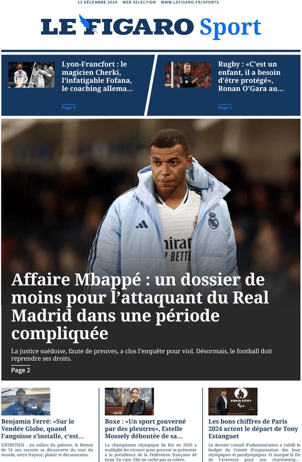 Prima Pagina Le Figaro SPORT 13/12/2024