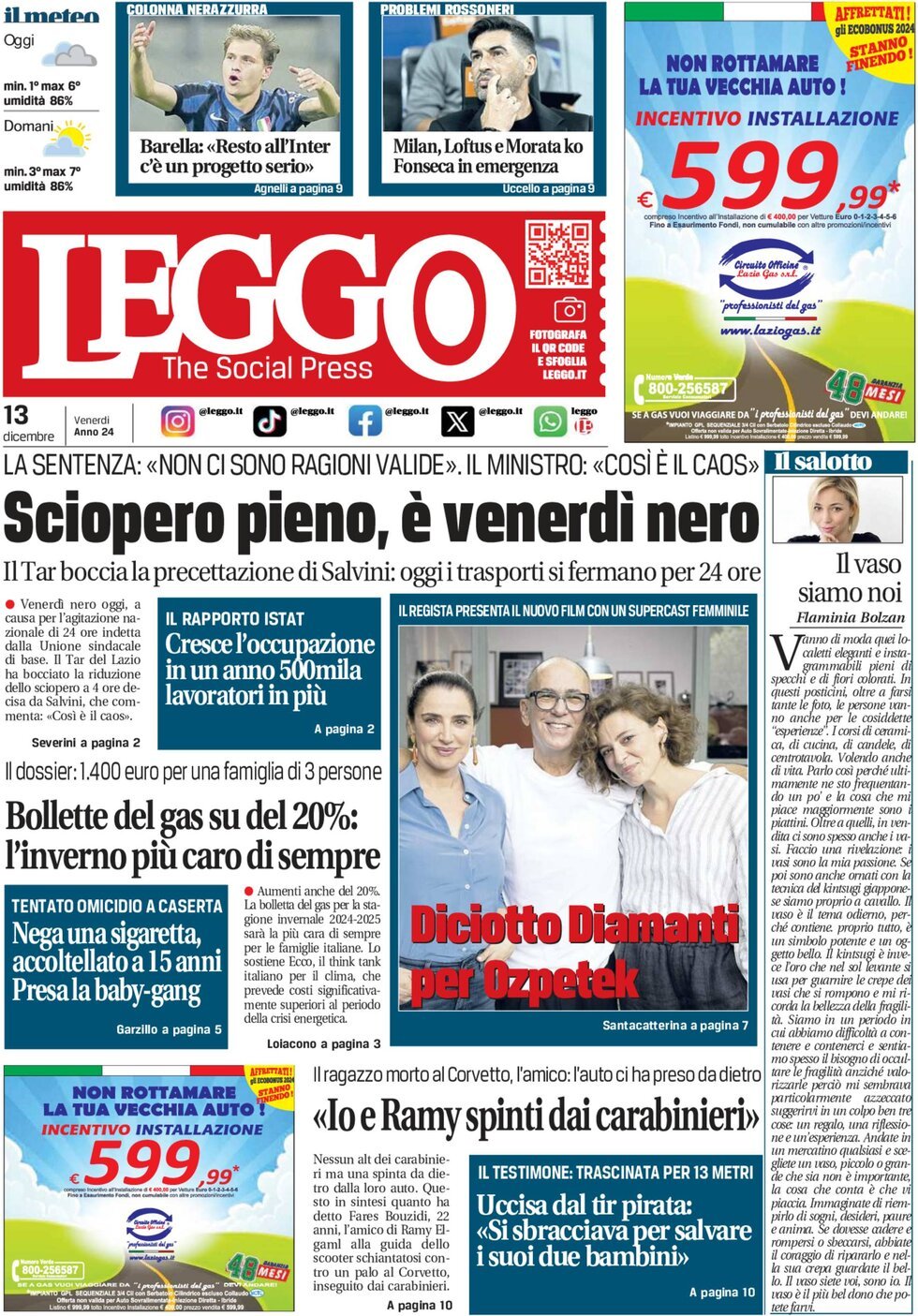 Prima Pagina Leggo (Milano) 13/12/2024