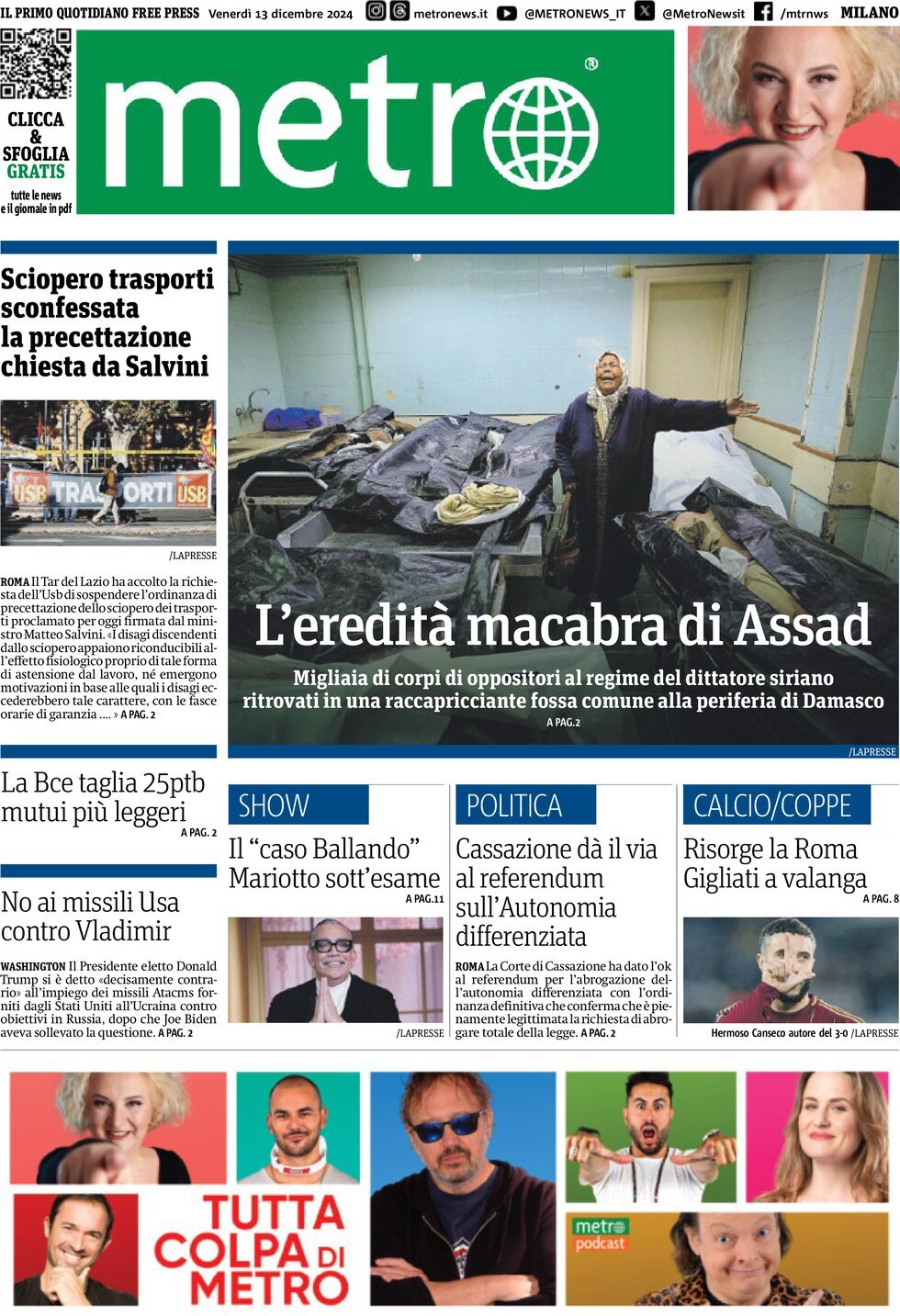 Prima Pagina Metro (Milano) 13/12/2024