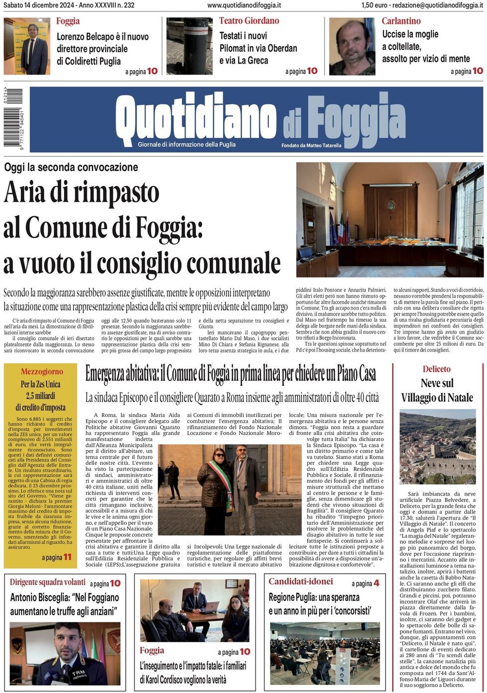 Prima Pagina Quotidiano di Foggia 14/12/2024