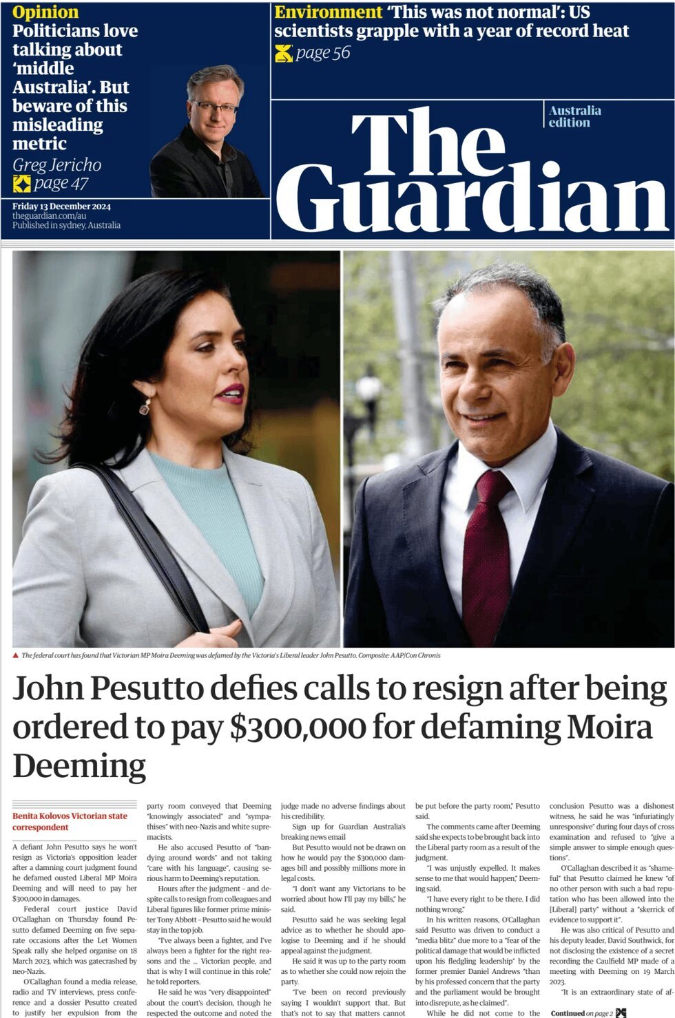 Prima Pagina The Guardian Australia 13/12/2024