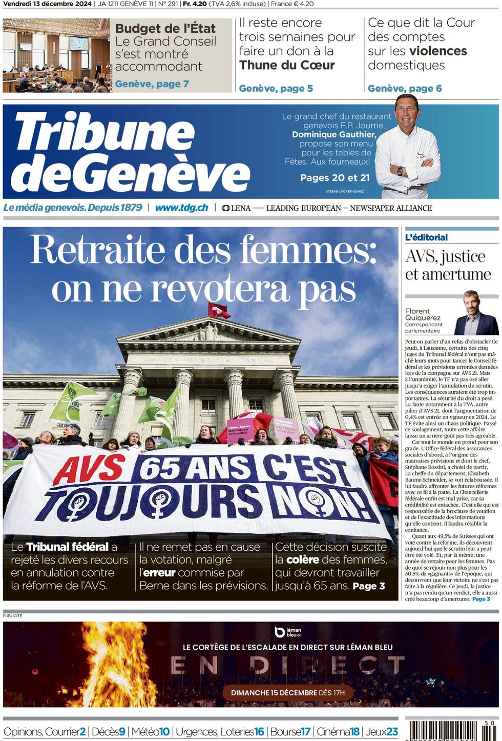 Prima Pagina Tribune de Genève 13/12/2024