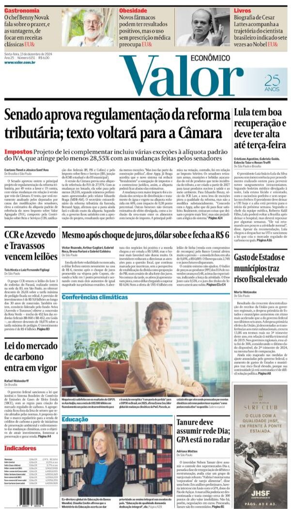 Prima Pagina Valor Econômico 13/12/2024