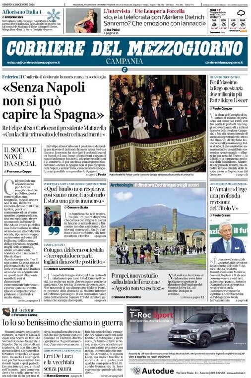 Prima Pagina Corriere del Mezzogiorno (Campania) 14/12/2024