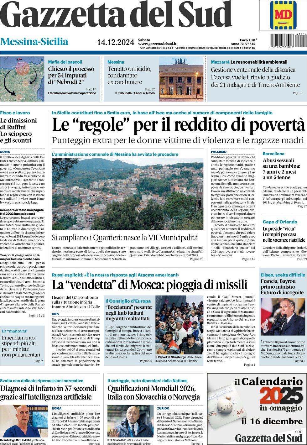 Prima Pagina Gazzetta del Sud (Messina) 14/12/2024